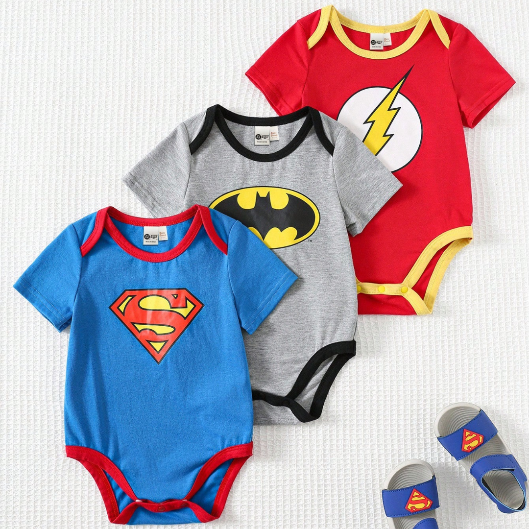 3-Piece Baby Boy Lightning Pattern Superhero Knit Bodysuit Set