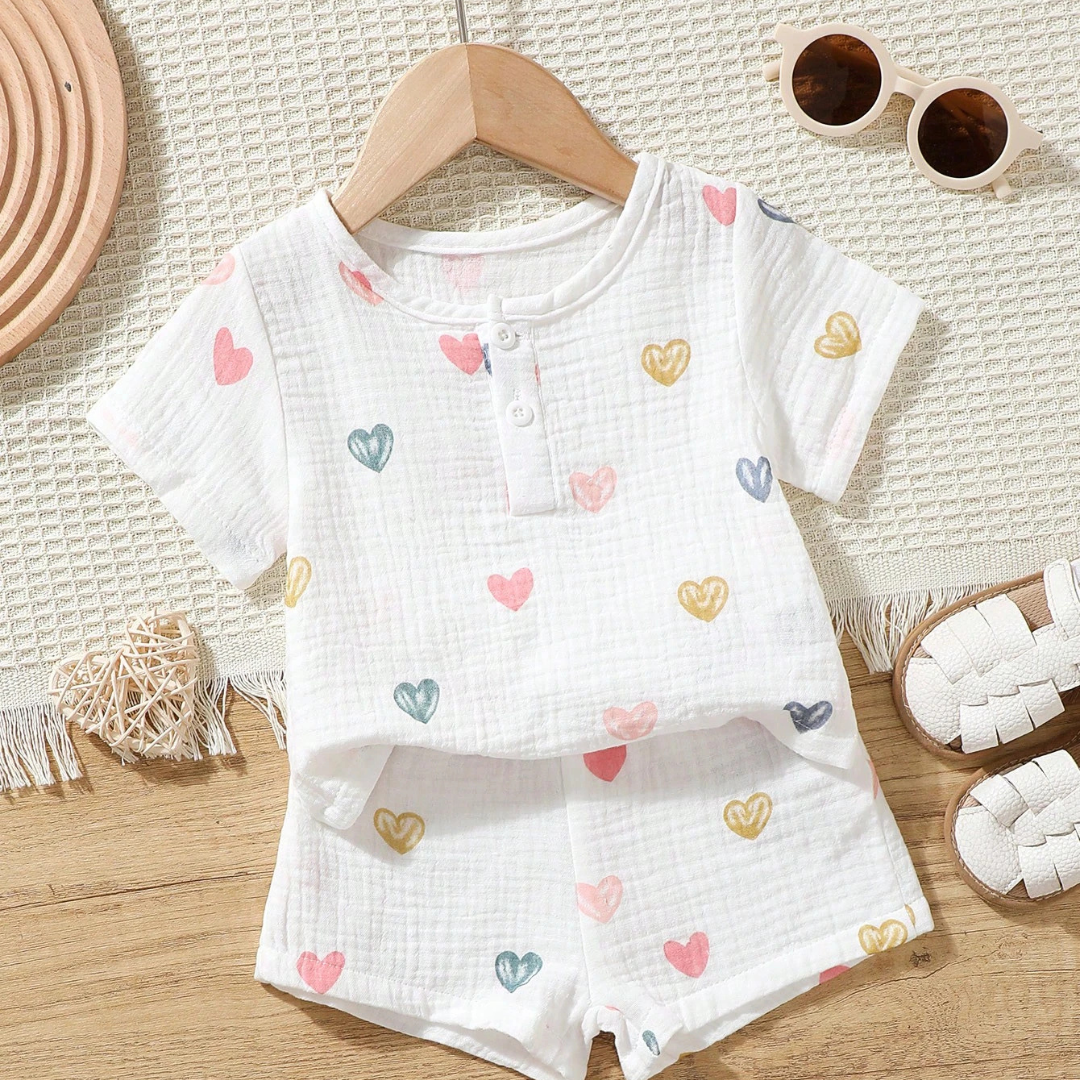 Baby Girl Colorful Heart Pattern Short Sleeve Outfit