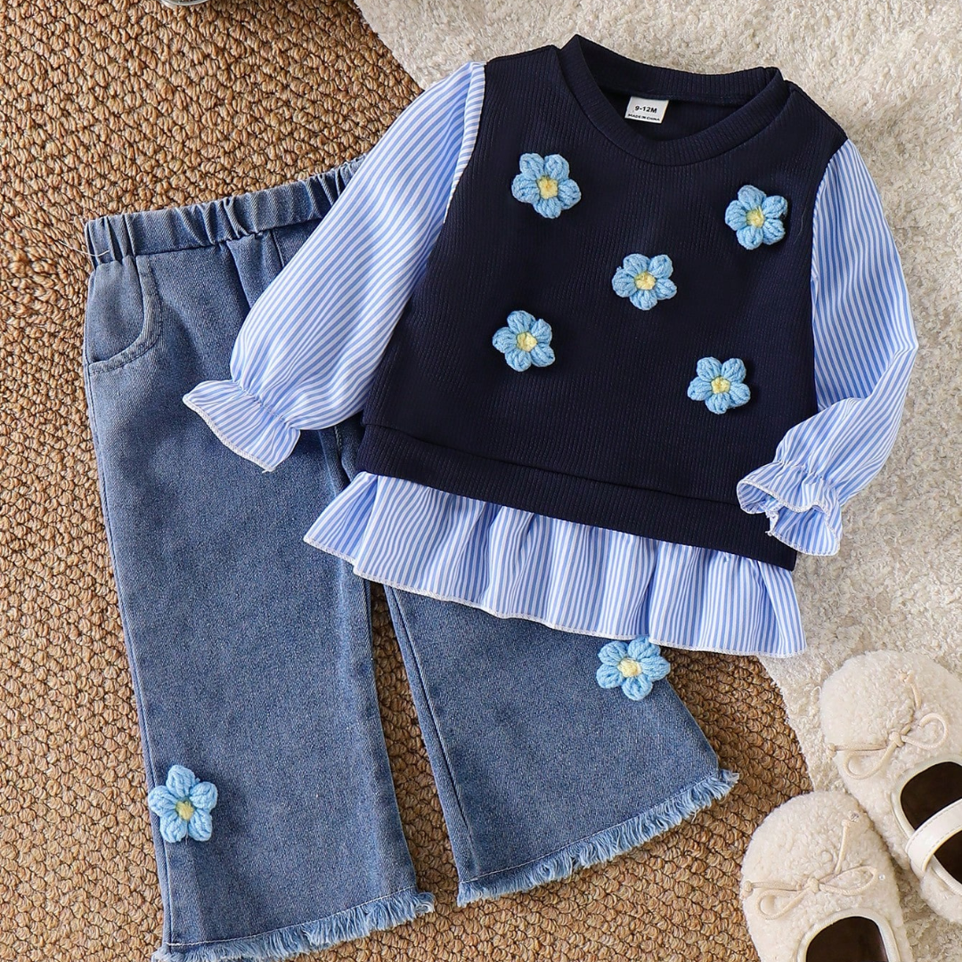 Baby Girl Floral Stripe Long Sleeve Top & Denim Pants Set