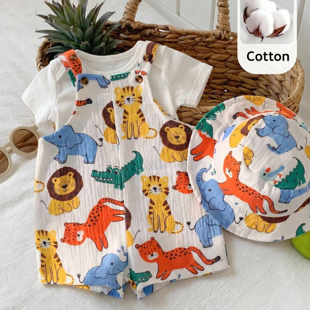 Little Wild 2-Piece Cartoon Bib Shorts & Hat Set | Newborn