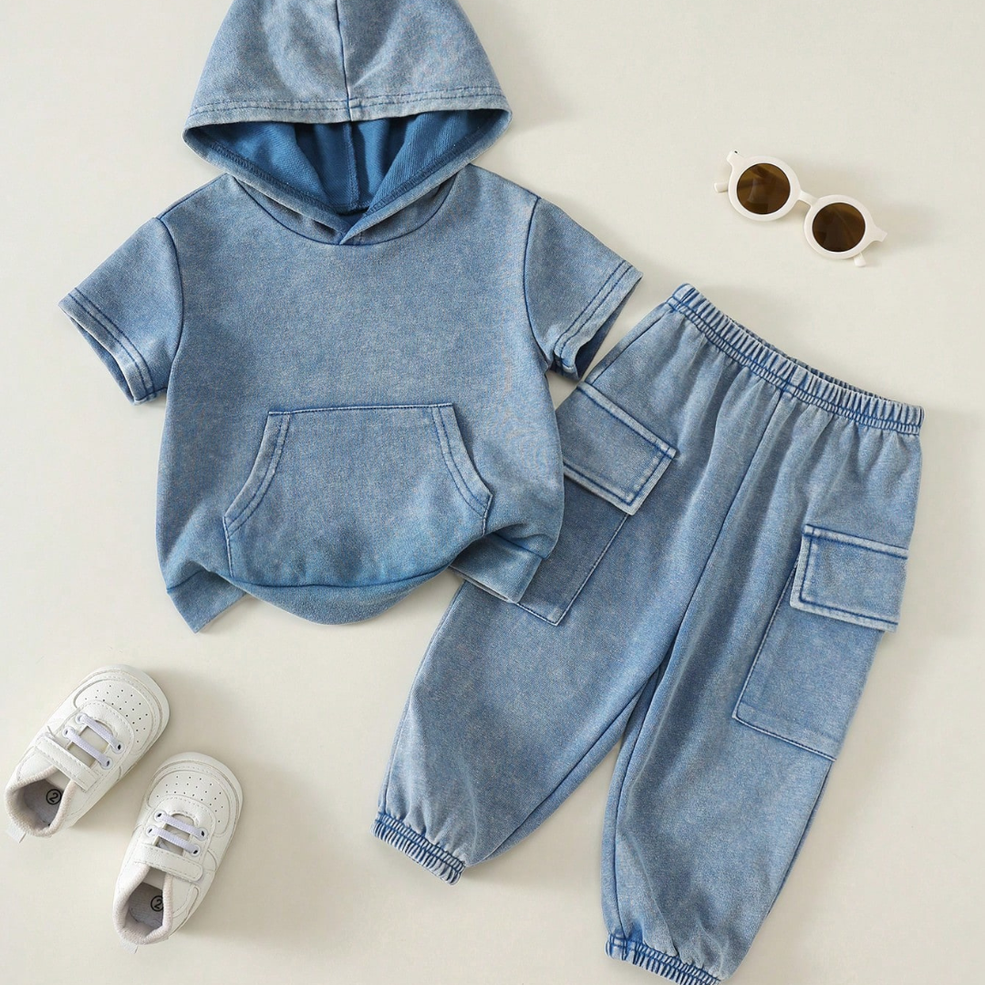 Little Wild 2-Piece Knit Denim Set | Hooded Top & Cargo Pants | Baby Boy