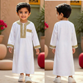Boys Casual White Long Thobe with Gold Border & Patchwork — Eid Muslim Robe Set