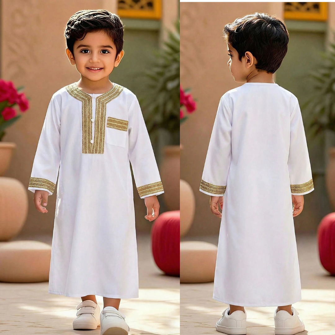 Boys Casual White Long Thobe with Gold Border & Patchwork — Eid Muslim Robe Set