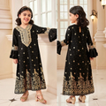 Girls Luxury Totem Foil Print Abaya with Golden Collar, Flare Sleeves & Gold Trim Belt