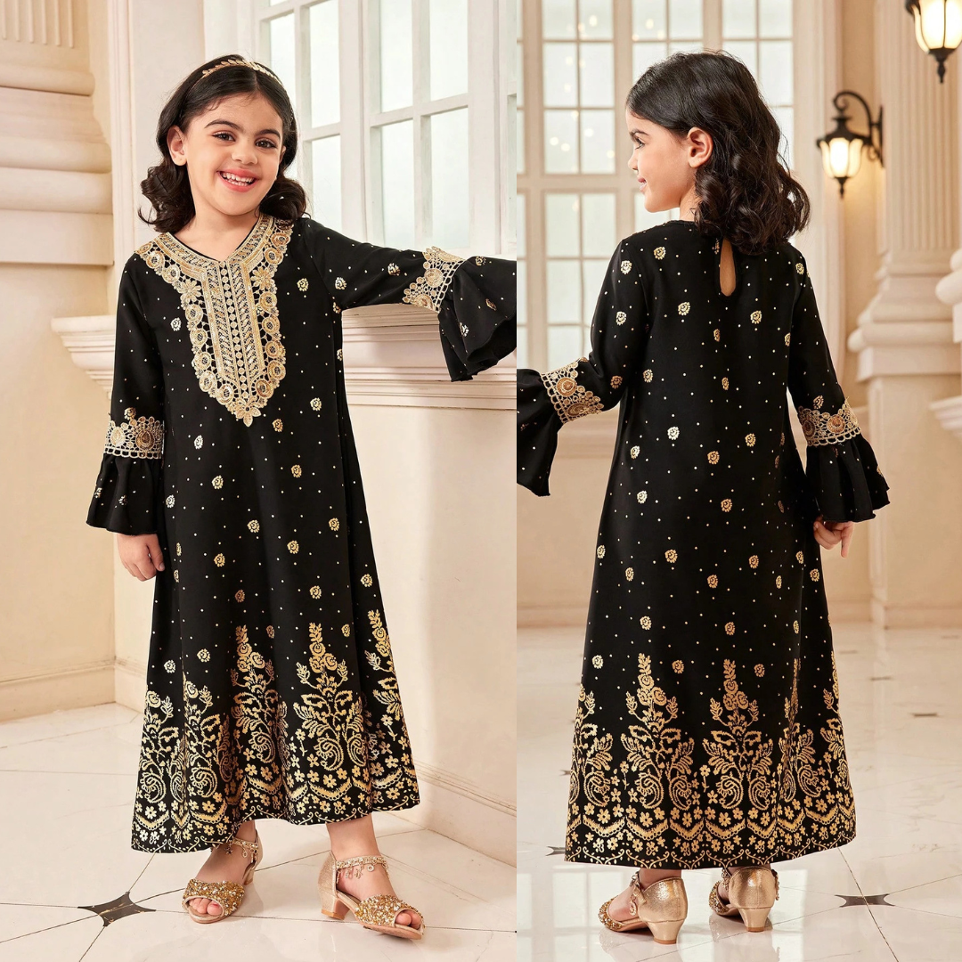 Girls Luxury Totem Foil Print Abaya with Golden Collar, Flare Sleeves & Gold Trim Belt